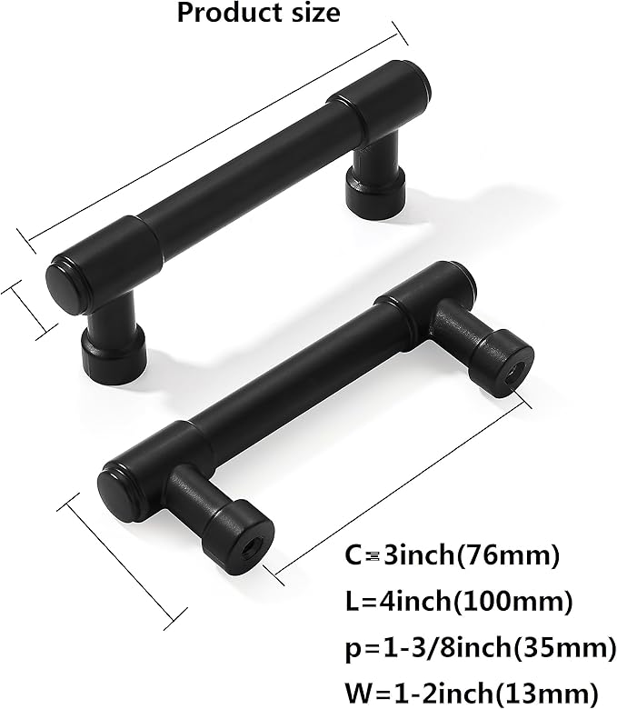 khtumeware Matte Black Cabinet Pulls - Center to Center 3" (Approx. 76MM) - Pack of 6 - Kitchen Handles for Cabinets Cupboard Handles Drawer Pulls