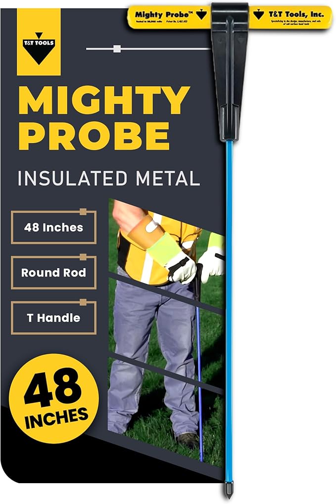 T&T Tools 48-Inch Mighty Probe Insulated Metal Soil Probe ??3/8" Metal Round Rod, Heavy Duty Design for Easy Penetration & Withdrawal, Soil Testing & Landscaping Tools, T-Handle, USA-Made-1 Pack
