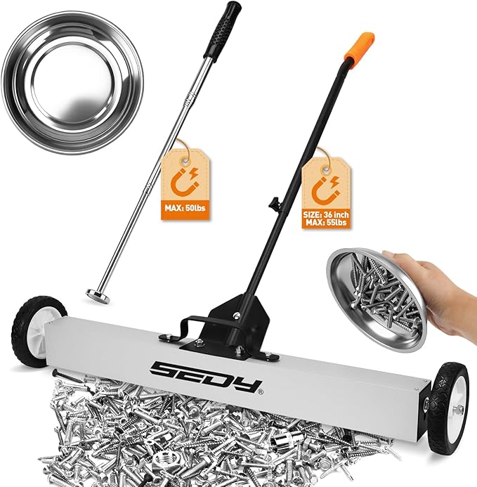 36-Inch Rolling Magnetic Sweeper | 40-Inch Telescoping Magnetic Pickup Tool | Magnetic Trays | 55-Pound Capacity Pick-up Sweeper for Nails, Screws & Metal Debris Workshop Garage Yard (3 Pack)