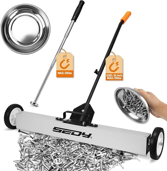 36-Inch Rolling Magnetic Sweeper | 40-Inch Telescoping Magnetic Pickup Tool | Magnetic Trays | 55-Pound Capacity Pick-up Sweeper for Nails, Screws & Metal Debris Workshop Garage Yard (3 Pack)
