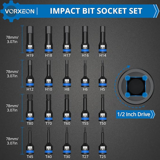 20 PCS Impact socket set Allen Hex and Torx Star Bit socket S2 Alloy Steel One-piece forged With Storage Case, 1/2" Drive 5mm-19mm T25 - T80