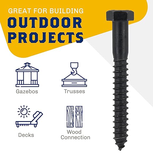 1/2" x 4?? 25-Piece Black Lag Bolts, Rustproof 4-Layer Ceramic BLAKOTE, 2X Protection of Galvanized Lag Screws, for Decks Pergolas by Makers Bolt