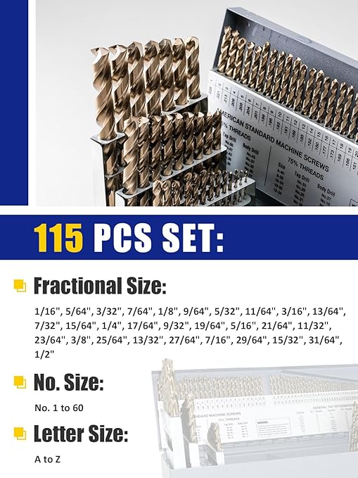 JEFE HEX 115 Pcs Cobalt Drill Bit Set, All M35 HSS Drill Bit Sets, 135째 Split Point, Fractional Sizes 1/16" to 1/2", Letters A-Z, Wire Sizes #1 to #60, Durable Metal Indexed Storage Case
