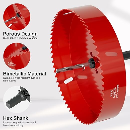 6.25" (159mm) Bi-Metal M42 High Speed Steel Hole Saw with Dust Bowl and Pilot Drill Bit, Smooth Cutting Edge for PVC, Drywall, Wood, Plastic, Gypsum Board, Rubber, Thin Metal
