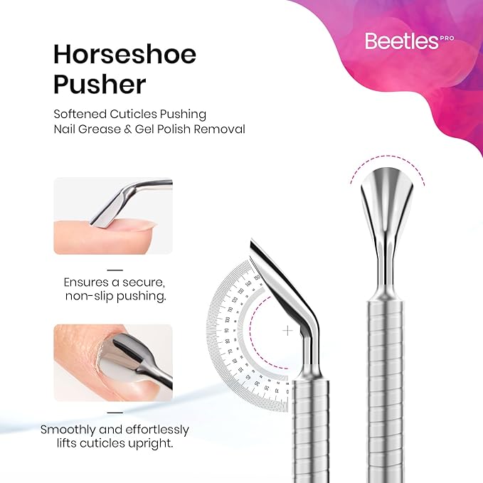 Beetles Pro 1-Pcs Dual-Ended Cuticle Pusher, Professional Horseshoe 11mm and Angled Blade 13mm Precise Cuticle Care, Stainless Steel Handle Nail Tools for Nail Art Prep ??Salon Quality Manicure Tool