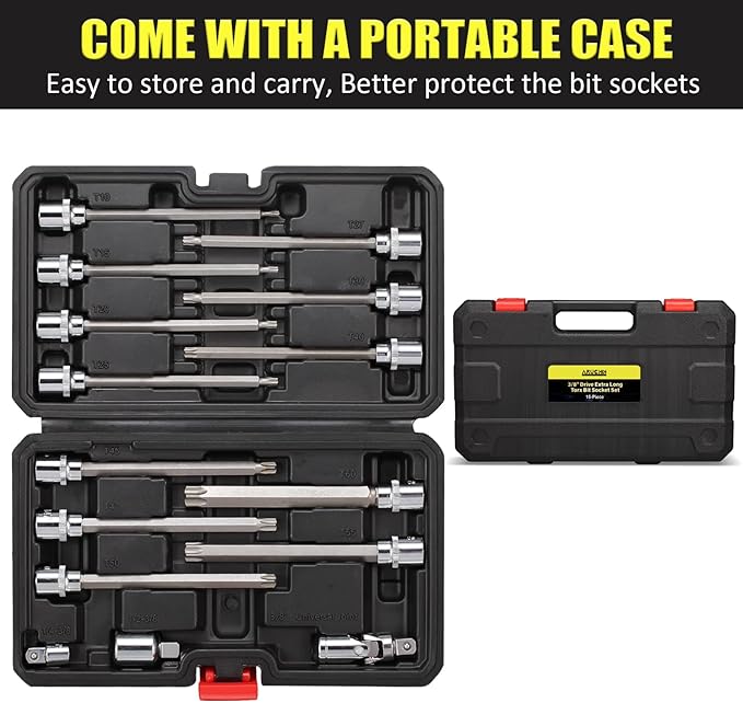 15-Piece Extra Long Torx Bit Socket Set 3/8" Drive T10-T60 Long Torx Bit Set, CR-V and S2 Steel, 6" Length