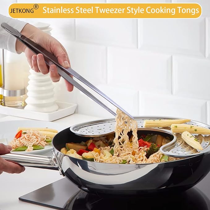 JETKONG 14-Inch Stainless Steel Cooking Tweezers Heavy Duty Kitchen Food Tweezers, Set of 3 (14 14 14 Inch, Silver)