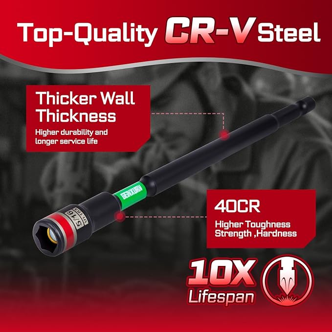 Impact Nut Driver Set, 10 Pieces 2.56???쒵ong 1/4??/16??/8??/16??1/2?? Point Alloy Steel Magnetic SAE Nut Setter Set Use For Require Installing 1/4 Hex Shank Impact Driver with Case Box