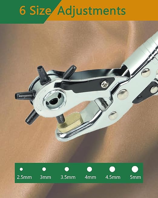 10" Hole Punch Pliers, Leather Punch Pliers, 2.5-5mm 6 Size Adjustments, 30% Labor Saving, Chrome Plated, Fit for Belt/Watchband/Rubber/Paper