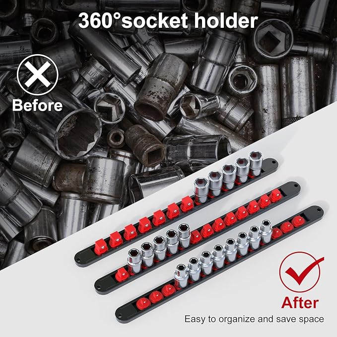 FivePears 3PCS 360째 Socket Organizer Twist Lock,3/8 1/4 1/2 Socket Storage Rails, Premium Quality Socket Holders for Tool Box 竊똖ool Carts竊똂ontains up to 40 Clips (Blue, Red and Black)