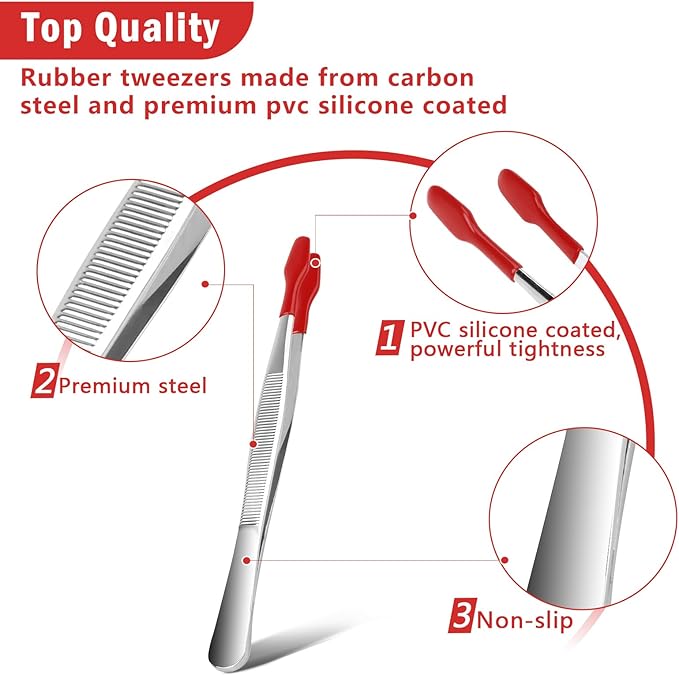 3PCS Tip Tweezers, Silicone Rubber Flat Tipped Tweezers Bent Tip for Jewelry Coin Stamp (Red)