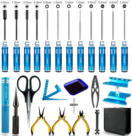 RC Hex Screwdriver Tool Kit - 24PCS Hex Nut Drivers Phillips Screwdriver Allen Wrench with Pliers Wrench Body Reamer Stand Tools for Rc Car DJI Drone Traxxas Boat Quadcopter Helicopter