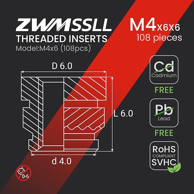 M4 Threaded Inserts Heat Set Insert,108 Pieces M4x6x6mm Metric Knurled Nuts,Brass Threaded Inserts for Plastic and 3D Printing Components