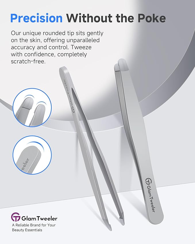 Premium Hand-Made Tweezers with Safe Rounded Tip & Comfort Spring for Pain-Free Plucking, Thick Stainless Steel for Precise Grip on Eyebrows & Facial Hair, Designed for Women and Men