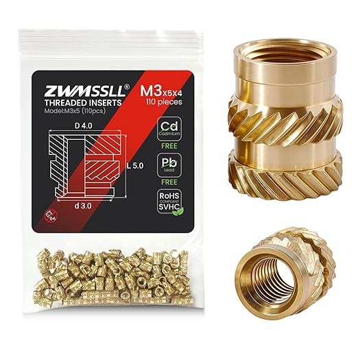 M3 Threaded Inserts Heat Set Insert,110 Pieces M3x5x4mm Metric Knurled Nuts,Brass Threaded Inserts for Plastic and 3D Printing Components