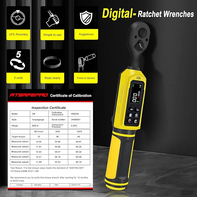 ATsafepro 3/8-Inch Digital Drive Torque Wrench-1-60Nm (1-44 ft-lb),High-Precision Torque Wrench with Buzzer, LED Flash, 5 Units, for Motorcycle & Home Repairs