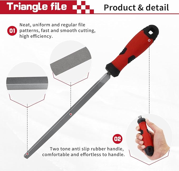 8 Inch Triangle Metal File, Professional Carbon Steel File Tool Metal File with Rubber Anti Slip Handle, Hand Triangle File for Filing or Trimming Holes Ideal for Wood, Metal, Plastic