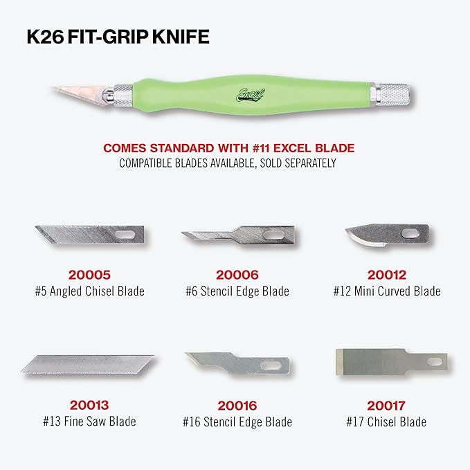 Excel Blades Fit Grip Craft Knife With #11 Ultra-Sharp Carbon Steel Angled Blade ??Precision Hobby Knife With Contoured Rubberized Grip For DIY, Art Crafts, And Model Projects ??Green, Made in the USA