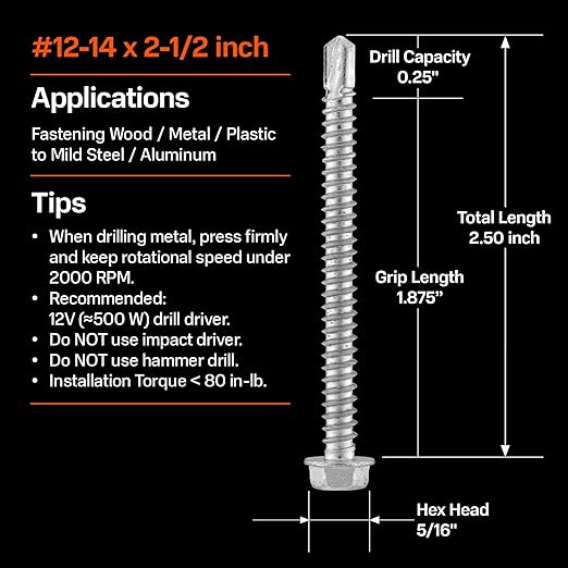 SUNKIN 48PCS Self Tapping Screws for Metal, Bi-Metal Stainless Steel 304 Rustproof, #12 x 2-1/2" Hex Head, Hardened Self Drilling Tip for Steel, Extreme Long Service Life