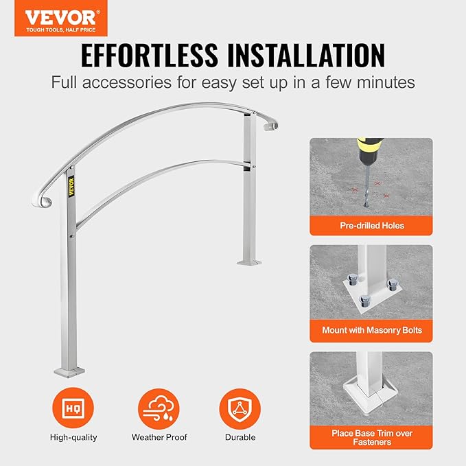 VEVOR Handrail for Outdoor Steps, 3-4 Steps White Arch#1, Adjustable Metal Staircase Railing, Thickened Stair Railings for Porch, Deck