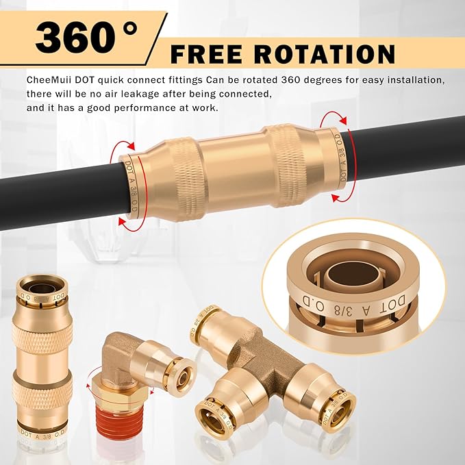 CheeMuii 100 PCS Brass DOT Air Line Fittings with 3 Roll 50FT 1/4" 3/8" 1/2" DOT Air Lines Kit Push Lock Air Fitting Quick Connect Air Fittings with Air Hose Pneumatic Tubing
