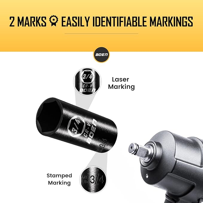 BOEN 1/2" Drive Deep Impact Sockets, Premium Impact Socket, 3/4 Inch Socket, SAE, 6 Point, Cr-V Steel with Laser Marking - Strong and Durable