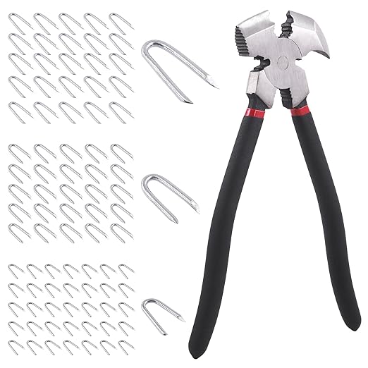 Swpeet 151Pcs 10 Inch Fencing Plier and 3 Sizes 3/4" 5/6" 3/2" Steel Wire Staples Set, Fence Tools, Nail Puller Pliers, Staple Puller, Steel Wire Staples for Fencing, Wire Mesh and Woven Fencing