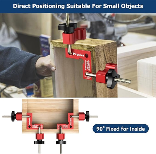 Preciva 90 Degree Mini Positioning Squares 2 Sets (2.32''x 2.32''), Aluminum Alloy Right Angle Clamps Fixing Clamp, Carpenter Corner Clamping Square Tool for Picture Frame Box Cabinets Drawers (Red)