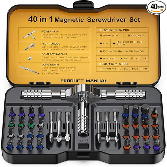 40 in 1 Magnetic Ratchet Screwdriver Set, Multi Bit Ratcheting Screwdriver Set with Detachable Ratchet Handle, Repair Tool Kit for Computer Bicycles Furniture DIY
