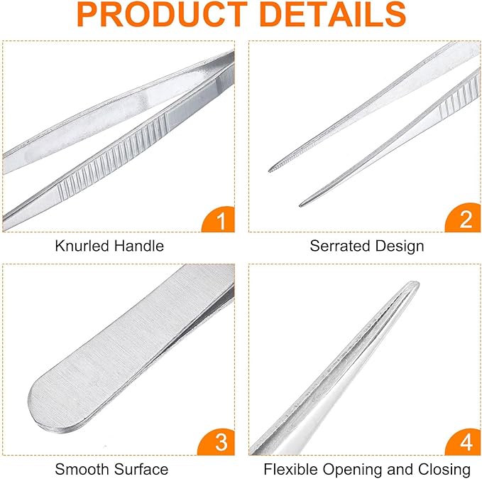 uxcell Stainless Steel Tweezers 7-Inch Straight Serrated Tip Stainless Steel Multipurpose Sewing Tweezer Silver 10 Pcs