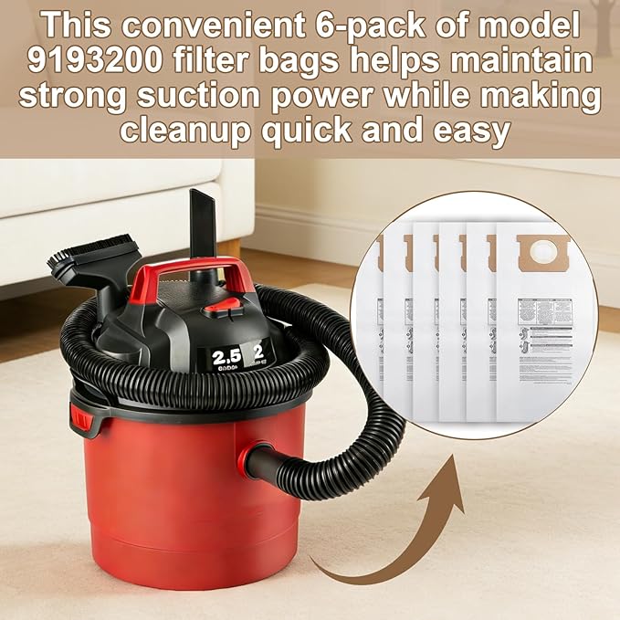Dust Collection Filter Bags 9193200 for Shop Vac Vacuum cleaner,91932 Disposable Filter Bags for Shop Vac 5 Gallon Wall Mount Vacuums(6-pack)