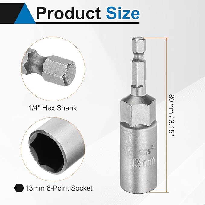 HARFINGTON 5pcs Nut Driver Drill Bit 13mm Metric Socket 1/4" Hex Shank 3.15" (80mm) Long 6-Point Sockets Quick Change CR-V Steel Bolt Setters for Power Drill Drivers