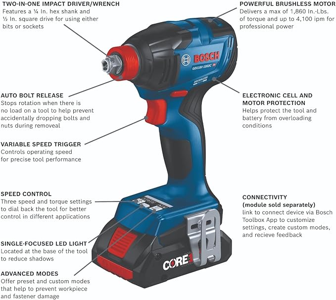 BOSCH GXL18V-260B26 18V 2-Tool Combo Kit with 1/2 In. Hammer Drill/Driver, 1/4 In. and 1/2 In. Two-In-One Bit/Socket Impact Driver, (1) CORE18V 8 Ah Battery and (1) CORE18V 4 Ah Battery