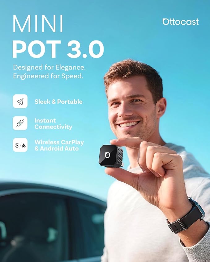 OTTOCAST Mini 3.0 Black 2-in-1 Wireless CarPlay & Android Auto Adapter ??Plug & Play for iPhone/Android, Dual-Phone Memory, Dual-Band WiFi (2.4/5GHz), Auto-Reconnect