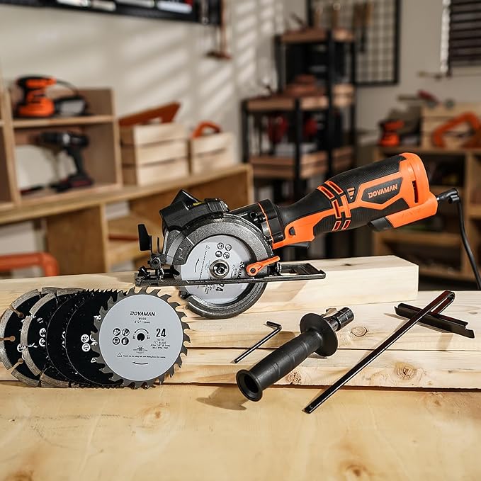 DOVAMAN Circular Saw, 5.8A 4-1/2" Circular Saw w/Laser, Metal Auxiliary Handle, 6 Blades (4½", 4¾"), Cutting Depth 1-11/16" (90°), 1-3/8" (45°), Ideal for Wood, Soft Metal, Plastic, Tile - MCS01A
