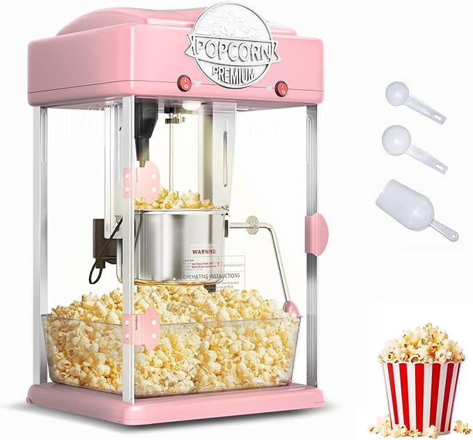 6 Oz Popcorn Machine, Tabletop Popcorn Maker, Countertop Pop Corn Machine, Movie Theater Popcorn Popper Machine with Stainless-Steel Kettle, Measuring Tool for Home Family, 300 W, Pink
