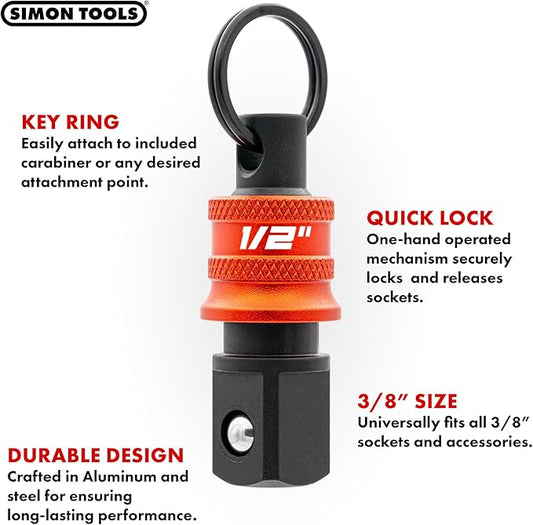Socket Holder Keychain 3pc - 1/2 Socket Organizer with Quick Release and Clip - Perfect Impact Wrench and Toolbox Accessories for Construction Workers, Linemen and Automotive Mechanics