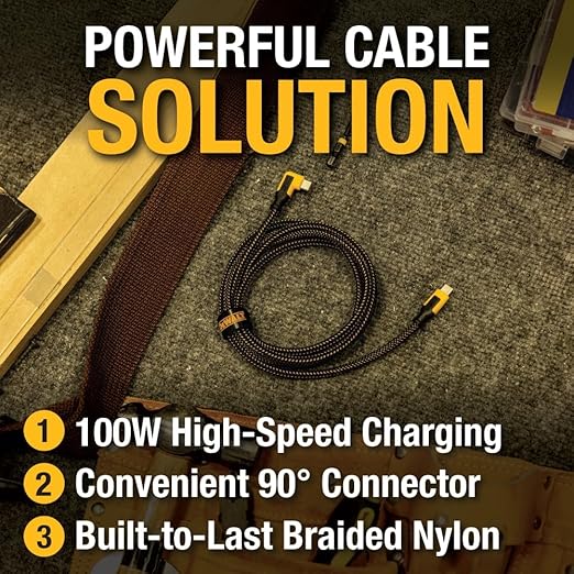 DEWALT Heavy Duty 90-Degree Angled 100W USB C Cable, Jobsite 100 Watt USB C Cable, High Speed Type-C to Type-C, PD USBC Fast Charging Cord for iPhone 16/15 Plus Pro Max, MacBook, iPad (6 Foot)