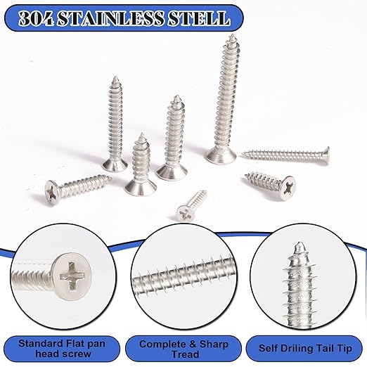 225Pcs Wood Screws Assortment Kit,304 Stainless Steel Screws,Phillips Drive,Screw Set,Assorted Screws,6 Sizes (2??1-1/2??1-1/4??1??3/4??1/2??,with 2pcs PH2*10cm Screwdriver bits