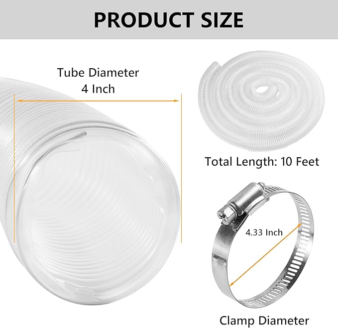 4" x 10' Clear PVC Dust Collection Hose, Puncture Resistant Fume Collection Hose with 4 Pieces Stainless Steel Clamps for Dust Woods Debris