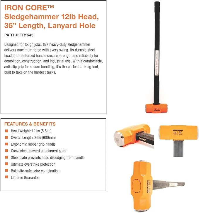 TREMMOR | IRON CORE Sledge Hammer (12 LB. Head, 36 inch Handle)