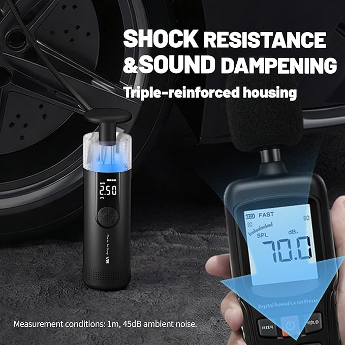 V8 Tire Inflator, Portable Air Compressor - Cordless Mini Car Pump, 150 PSI High Pressure.Built-in Nozzle & Hose Storage Design (No Need Carry Bag) Extreme Convenience LED Lights, Motor, Bikes