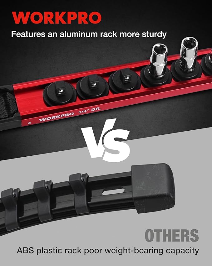 WORKPRO Magnetic Socket Organizer Set, 1/2" 3/8" 1/4" Drive Aluminum Alloy Socket Holder with Removable Socket Clips for Quick Customization, 6PC Socket Rail for Tool Box Drawer (Sockets Excluded)