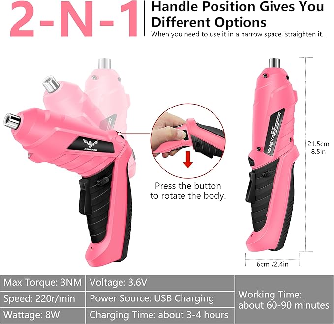 Cordless Electric Screwdriver Set 3.6V Rechargeable Small Power Drill, 3Nm Screw Gun with 2 Position Handle, LED Light, 14 in 1 Driver Bit Set, Pink & Black