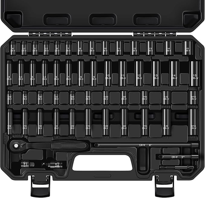 ALOANES 56 Pcs 1/4" Socket Set, SAE (5/32"-9/16") & Metric (4mm-15mm), Deep & Shallow, 72-Tooth Ratchet Wrench, Extension Bars, Universal Joint & Power Drill Adapter, 3/8" F to 1/4" M Reducer