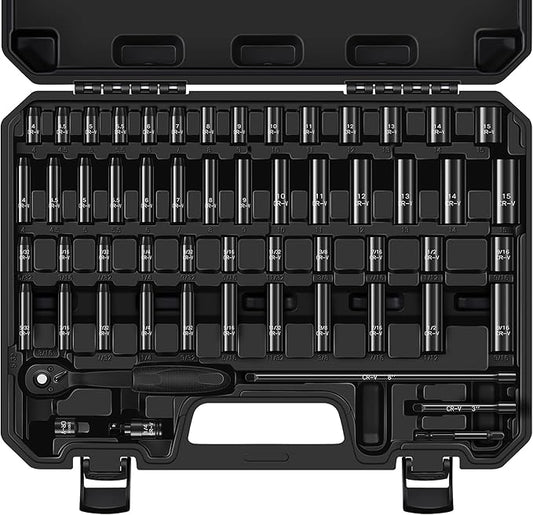 ALOANES 56 Pcs 1/4" Socket Set, SAE (5/32"-9/16") & Metric (4mm-15mm), Deep & Shallow, 72-Tooth Ratchet Wrench, Extension Bars, Universal Joint & Power Drill Adapter, 3/8" F to 1/4" M Reducer