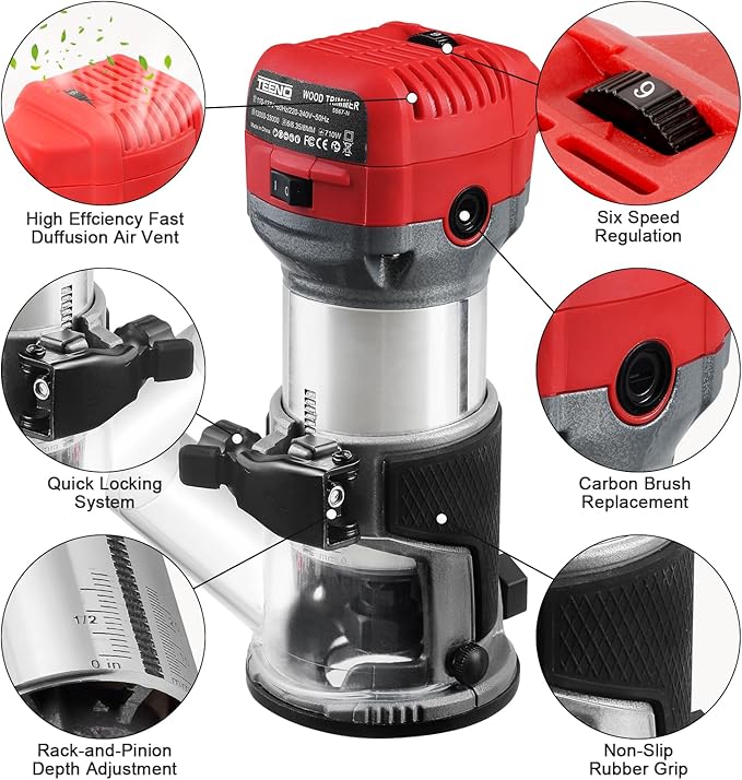 TEENO Wood Router, 6.5 Amp 1.25 HP Compact Router Tools for Woodworking, 13000-33000 RPM Hand Trim Router with 15pcs 1/4" Bits Set, 6 Variable Speeds, Edge Guide, Roller Guide