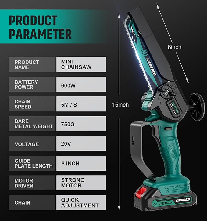 Mini Chainsaw Cordless, 6-Inch Portable Electric Chainsaw with Security Lock-Handheld Small Power Chain Saws with 2 Battery Powered For Wood/Trees Cutting/Courtyard Garden, 2025 UPGRADE