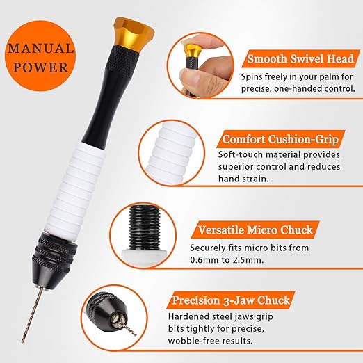 Pin Vise Hand Drill Set with 25 M2 Micro Twist Drill Bits (0.6-2.5mm) | for Jewelry Making, Resin Crafts, Wood, Plastic & Precision Model Building