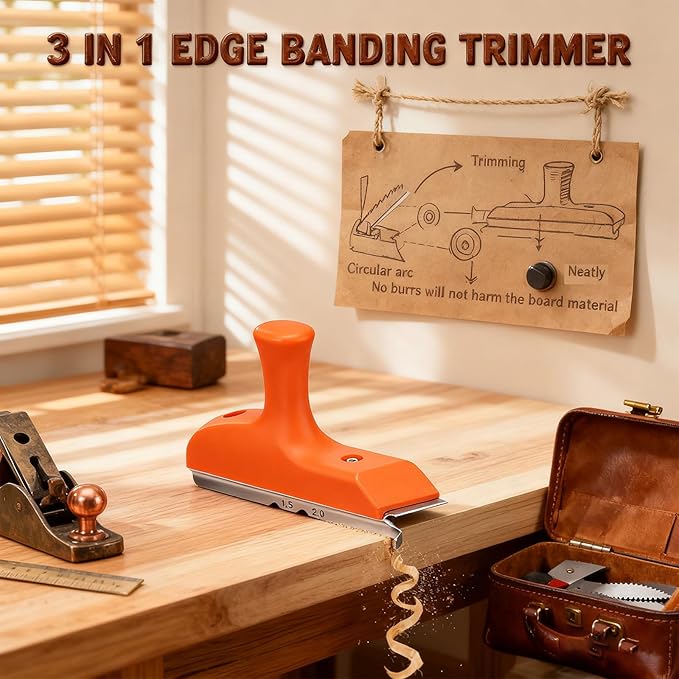 Edge Banding Trimmer 3-in-1 with Stainless Blades & Ergonomic Grip | for Deburring, Planing, Correcting Wood, Veneer, PVC | Use on Straight, Curved, Chamfered Edges | Gift for Woodworkers, DIYers, Dad